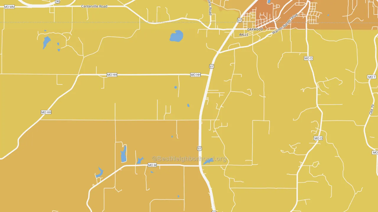 Map of the best neighborhoods in the Ralls area, with better matches in green and worse matches in red