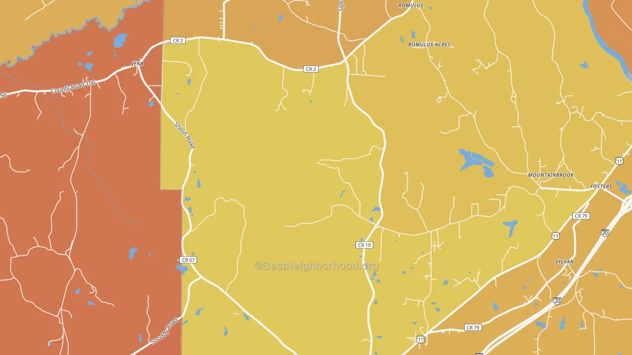 Map of the best neighborhoods in the Ralph area, with better matches in green and worse matches in red
