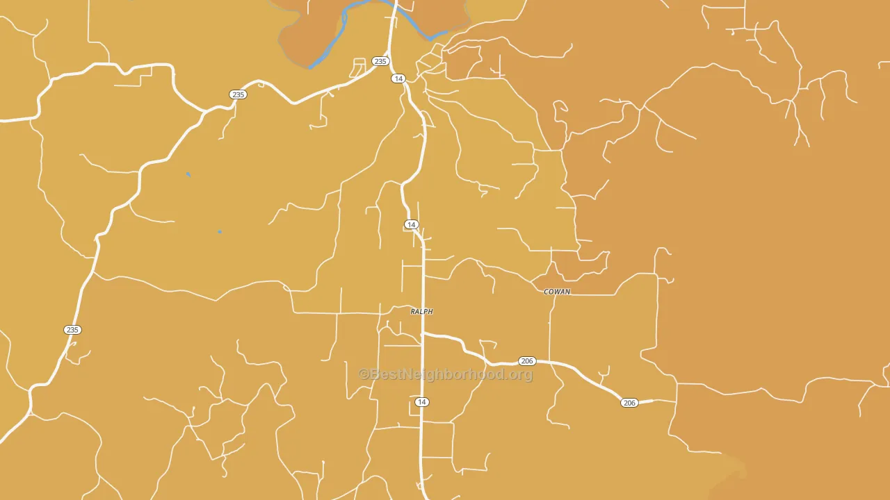 Map of the best neighborhoods in the Ralph area, with better matches in green and worse matches in red