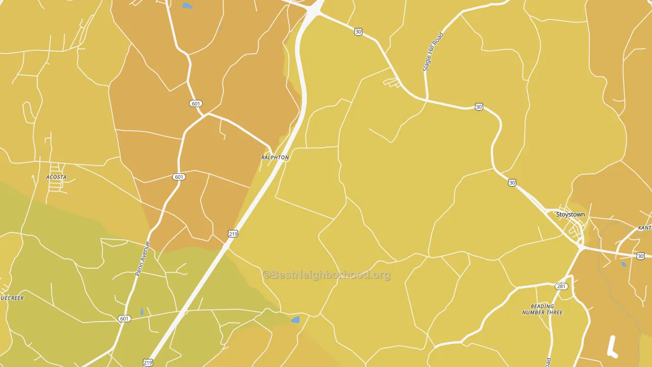 Map of the best neighborhoods in the Ralphton area, with better matches in green and worse matches in red