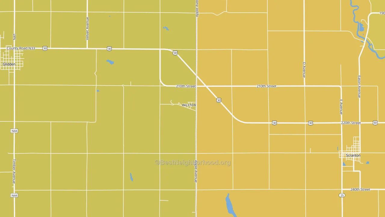 Map of the best neighborhoods in the Ralston area, with better matches in green and worse matches in red