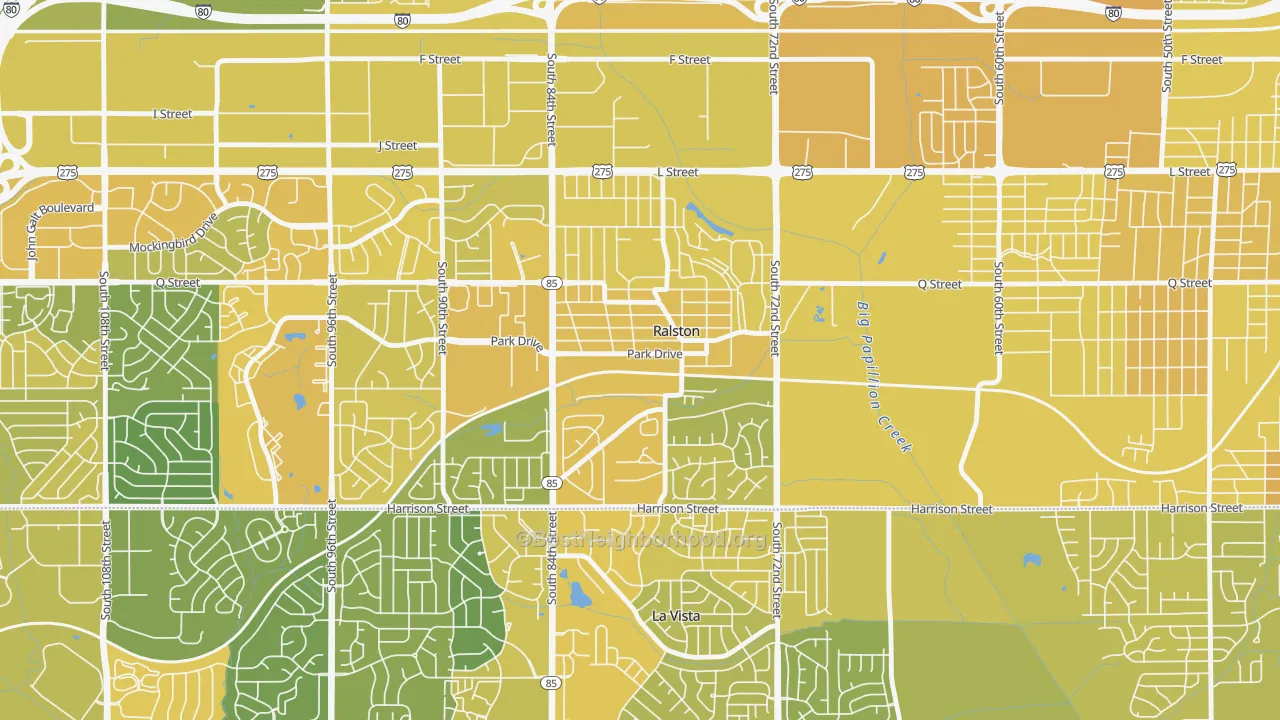 Map of the best neighborhoods in the Ralston area, with better matches in green and worse matches in red