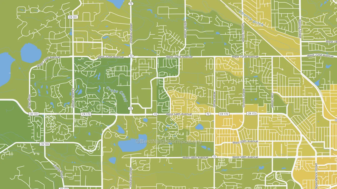 Map of the best neighborhoods in the Ralston Valley, Arvada area, with better matches in green and worse matches in red