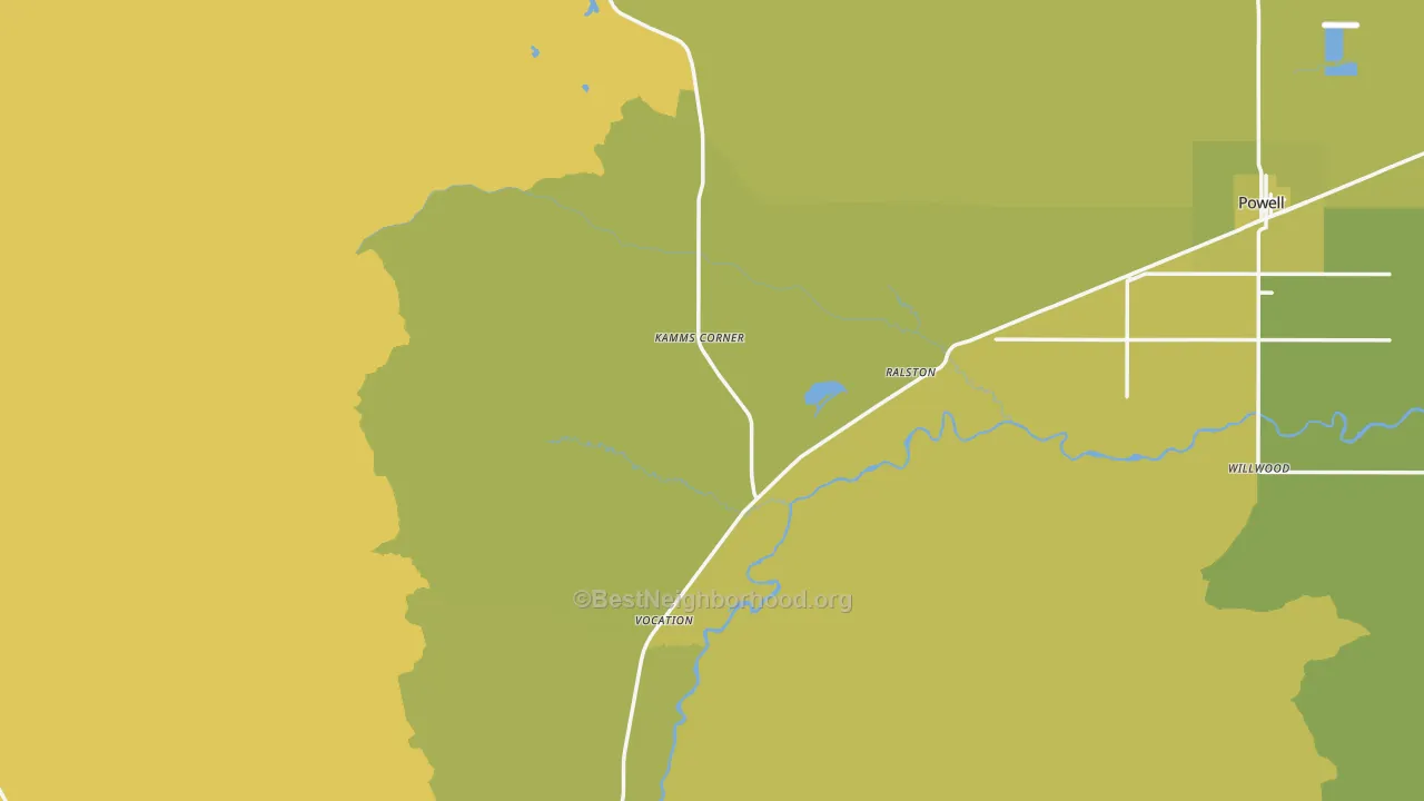Map of the best neighborhoods in the Ralston area, with better matches in green and worse matches in red