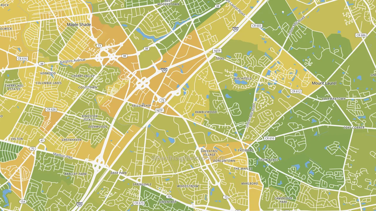 Map of the best neighborhoods in the Ramblewood area, with better matches in green and worse matches in red
