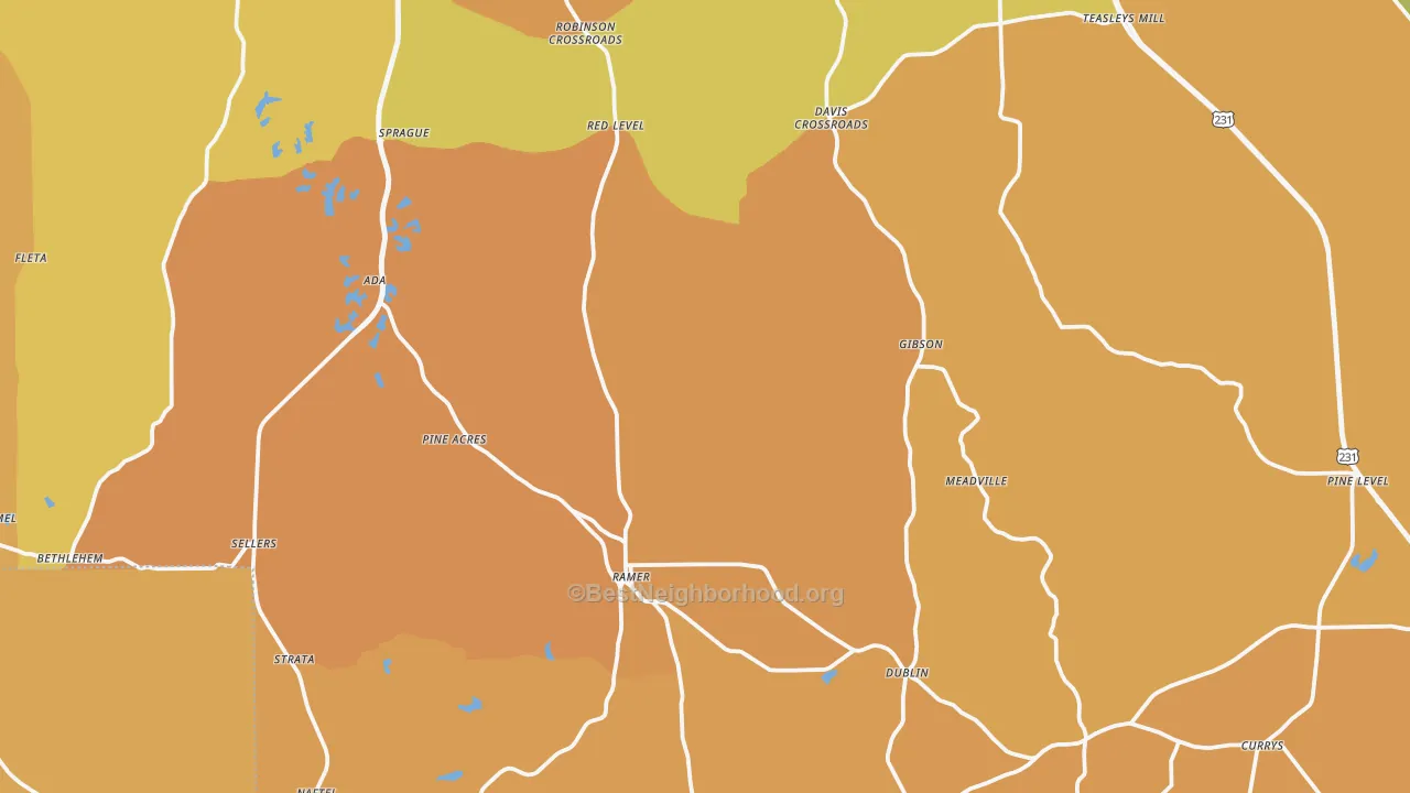 Map of the best neighborhoods in the Ramer area, with better matches in green and worse matches in red