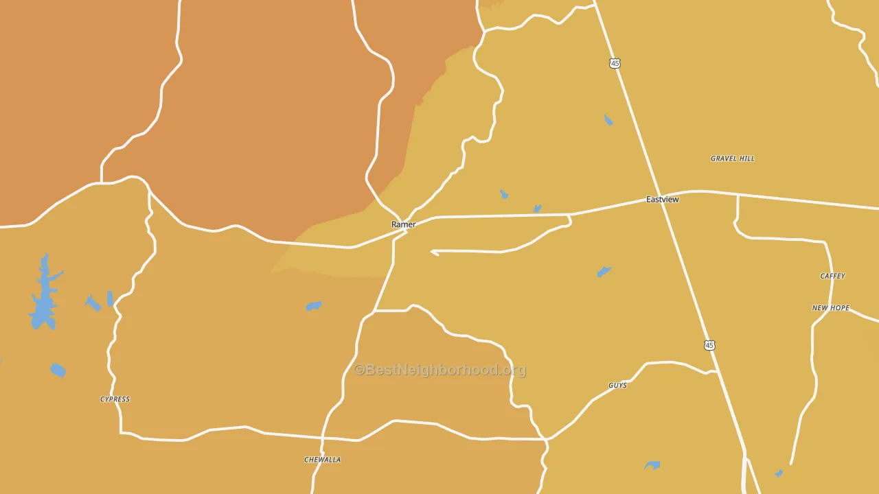 Map of the best neighborhoods in the Ramer area, with better matches in green and worse matches in red