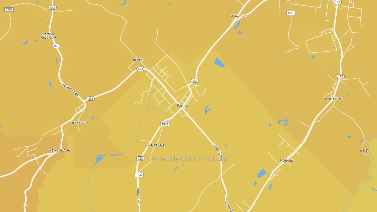 Map of the best neighborhoods in the Ramey area, with better matches in green and worse matches in red