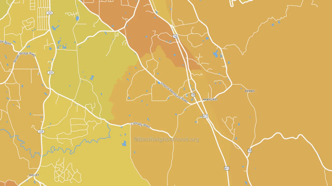 Map of the best neighborhoods in the Ramhurst area, with better matches in green and worse matches in red