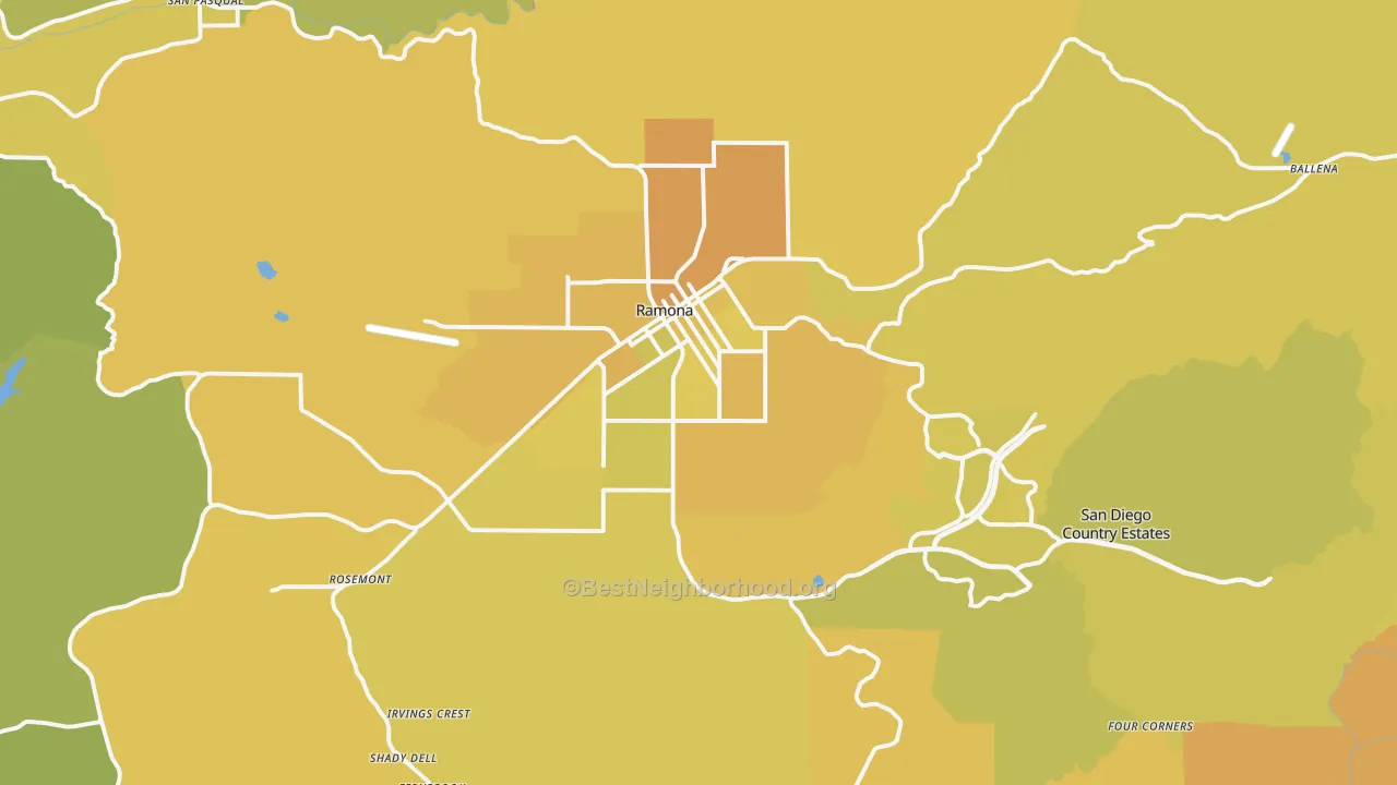 Map of the best neighborhoods in the Ramona area, with better matches in green and worse matches in red