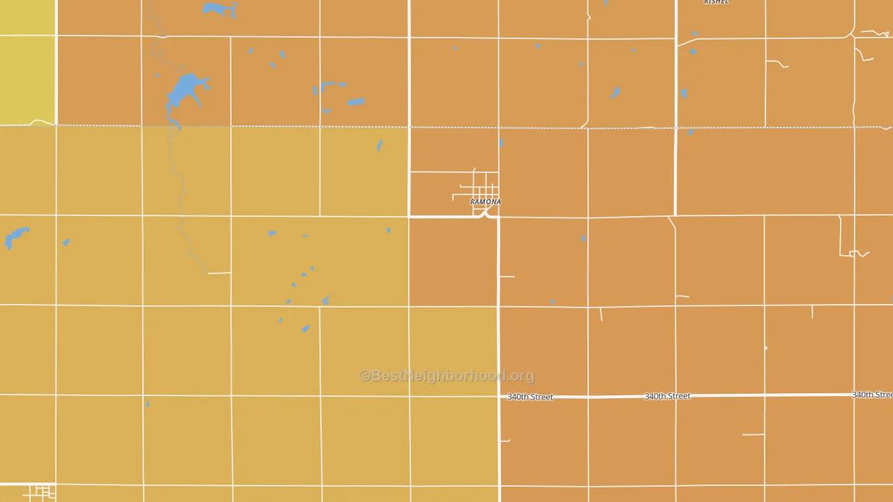Map of the best neighborhoods in the Ramona area, with better matches in green and worse matches in red