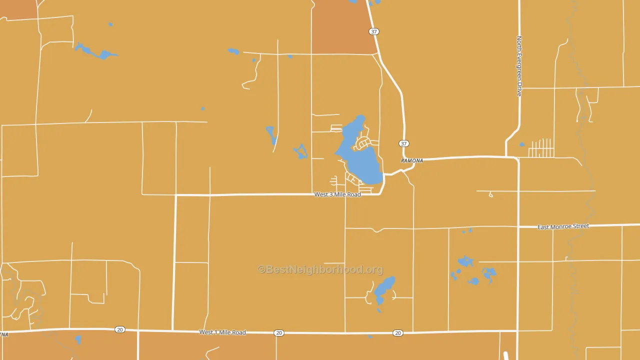 Map of the best neighborhoods in the Ramona area, with better matches in green and worse matches in red