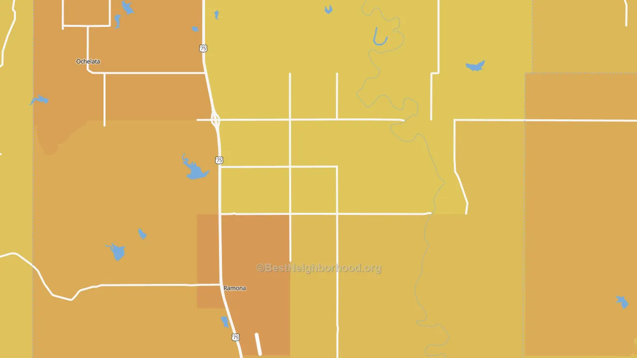 Map of the best neighborhoods in the Ramona area, with better matches in green and worse matches in red