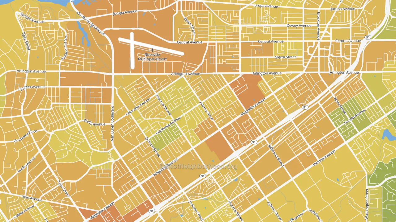 Map of the best neighborhoods in the Ramona, Riverside area, with better matches in green and worse matches in red