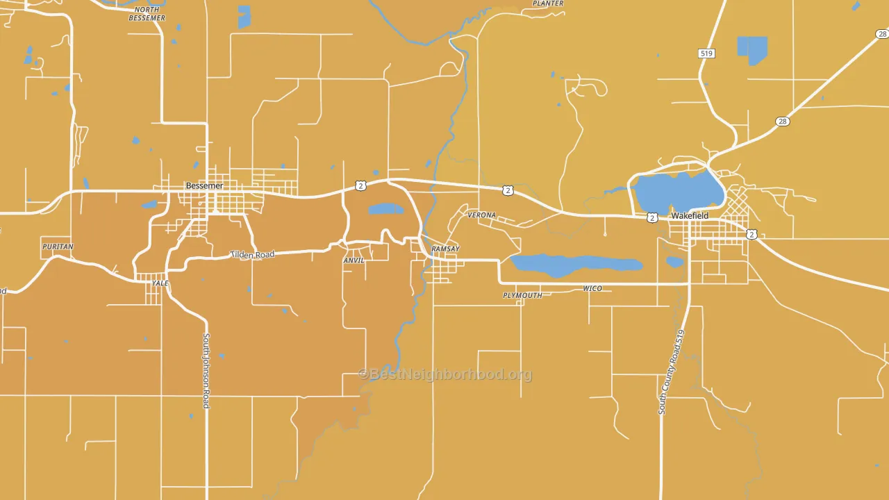 Map of the best neighborhoods in the Ramsay area, with better matches in green and worse matches in red
