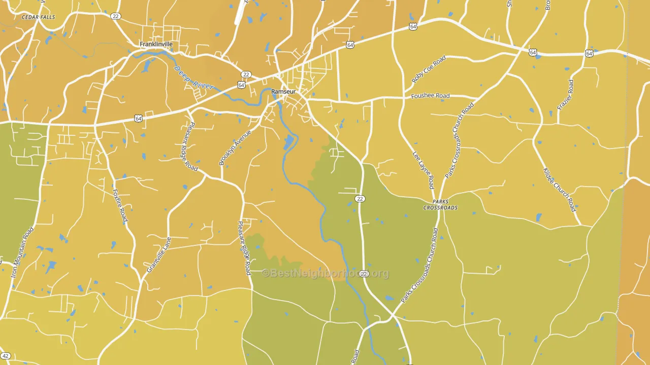 Map of the best neighborhoods in the Ramseur area, with better matches in green and worse matches in red