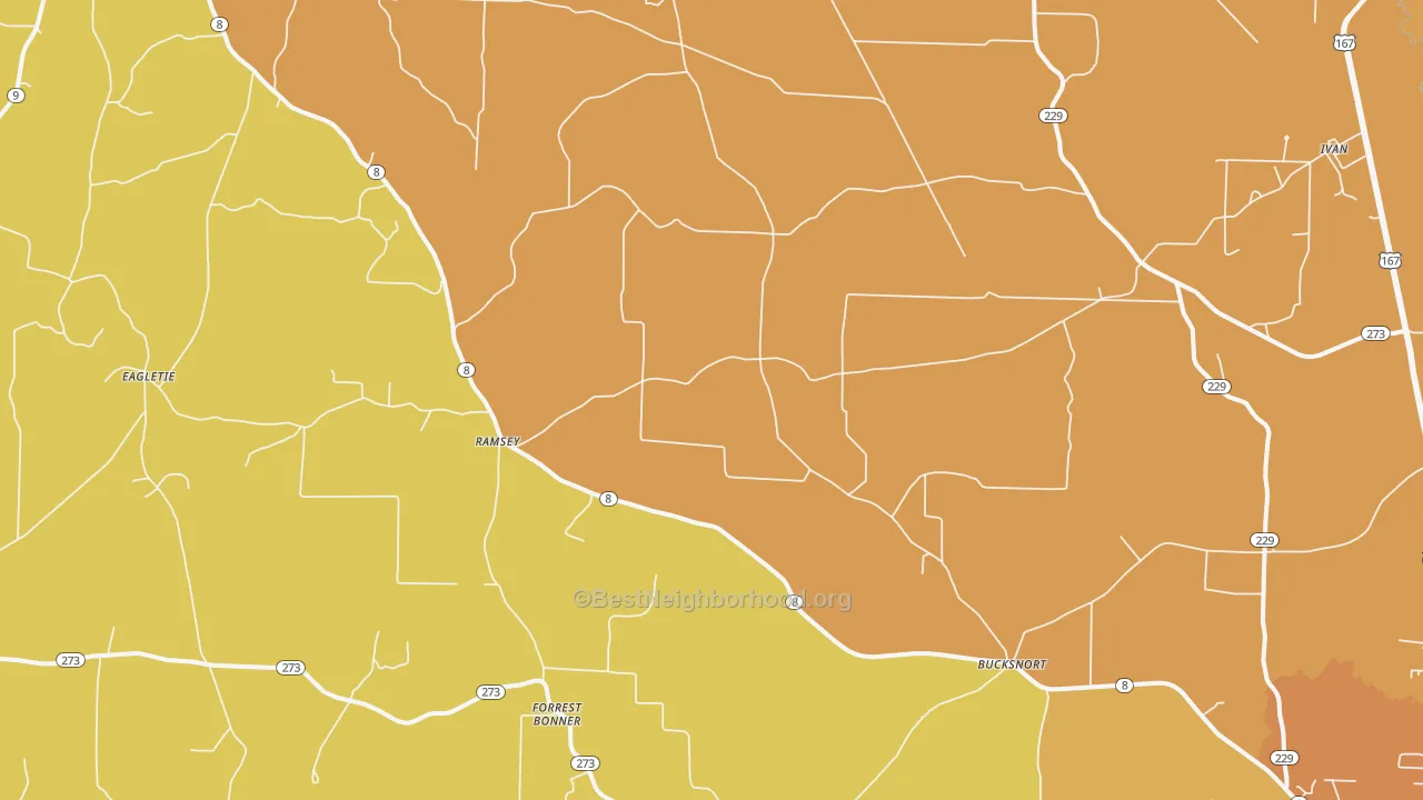 Map of the best neighborhoods in the Ramsey area, with better matches in green and worse matches in red