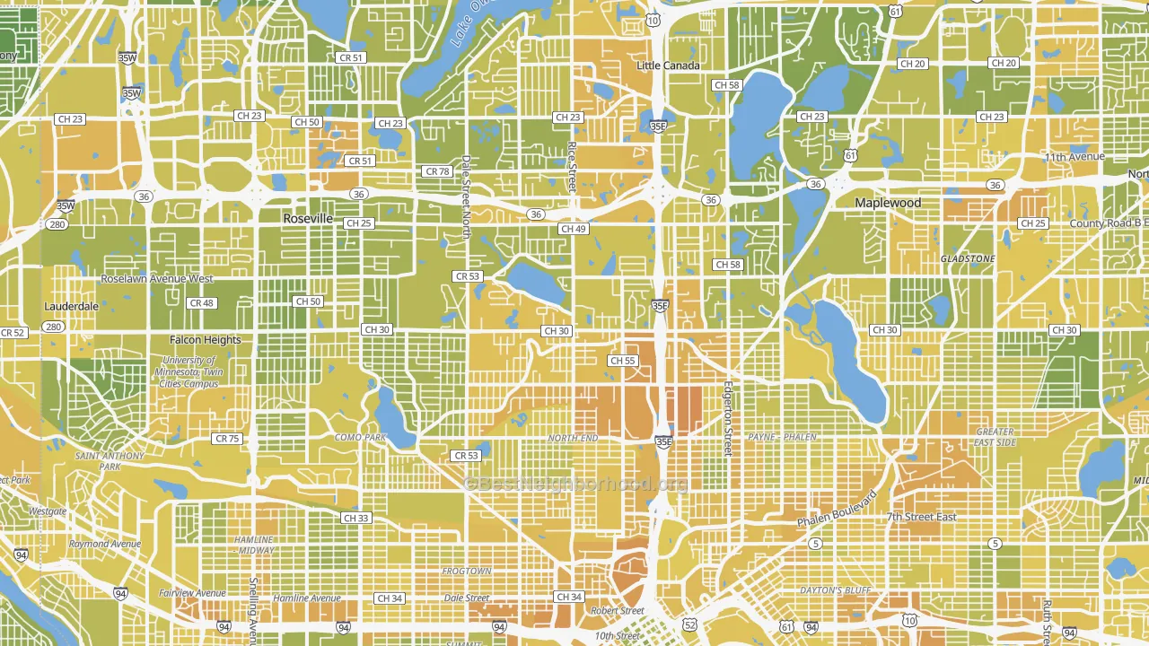 Map of the best neighborhoods in the Ramsey County area, with better matches in green and worse matches in red