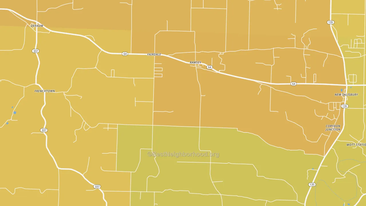 Map of the best neighborhoods in the Ramsey area, with better matches in green and worse matches in red