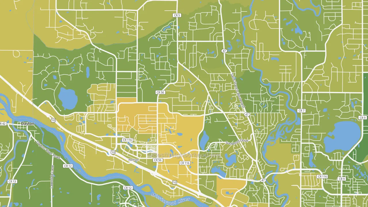 Map of the best neighborhoods in the Ramsey area, with better matches in green and worse matches in red