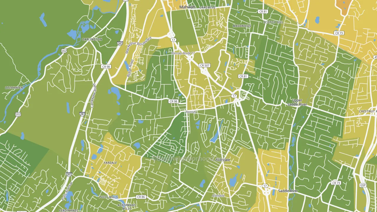 Map of the best neighborhoods in the Ramsey area, with better matches in green and worse matches in red