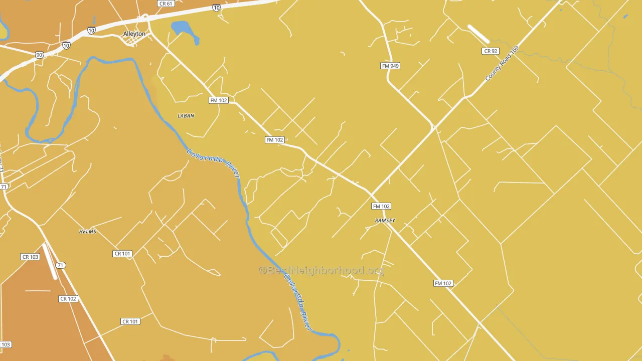 Map of the best neighborhoods in the Ramsey area, with better matches in green and worse matches in red