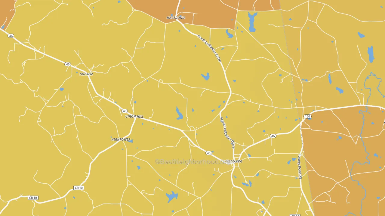 Map of the best neighborhoods in the Ranburne area, with better matches in green and worse matches in red
