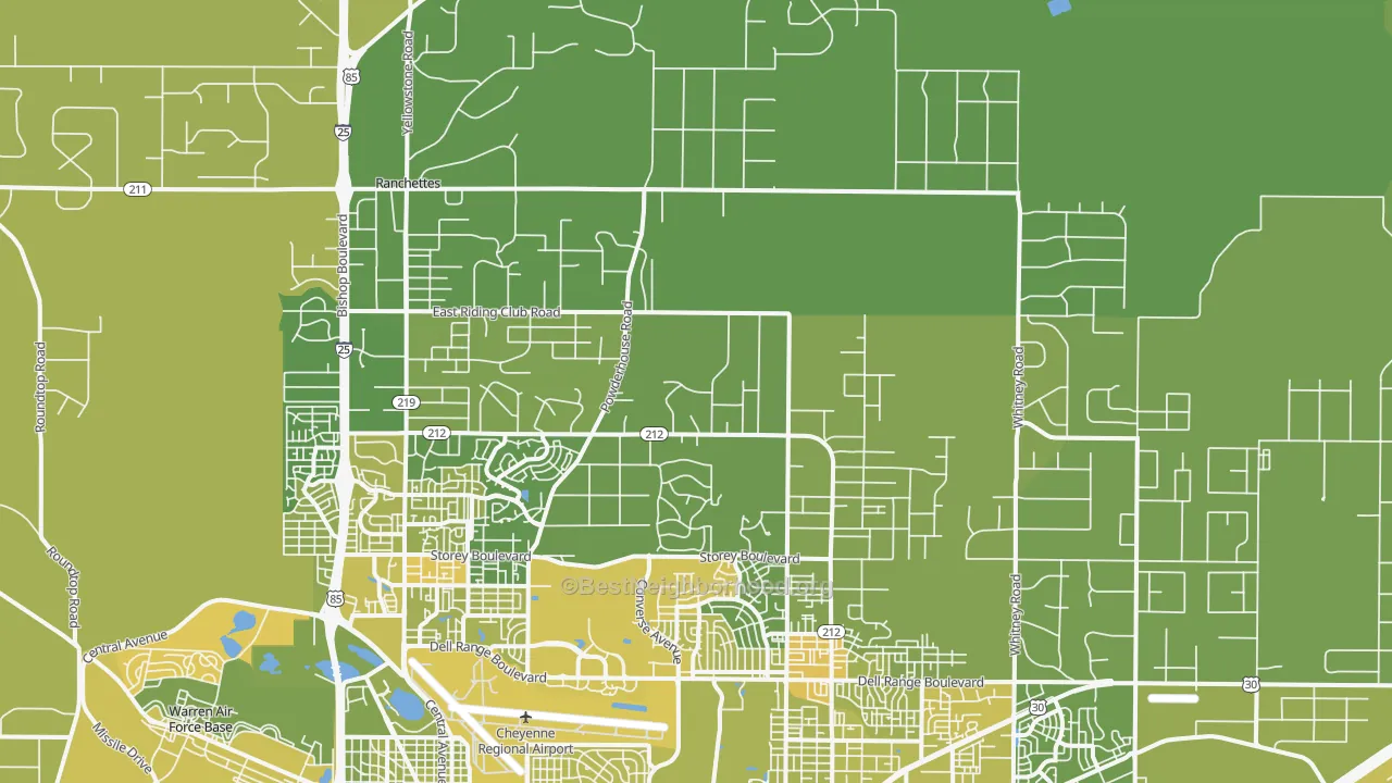 Map of the best neighborhoods in the Ranchettes area, with better matches in green and worse matches in red