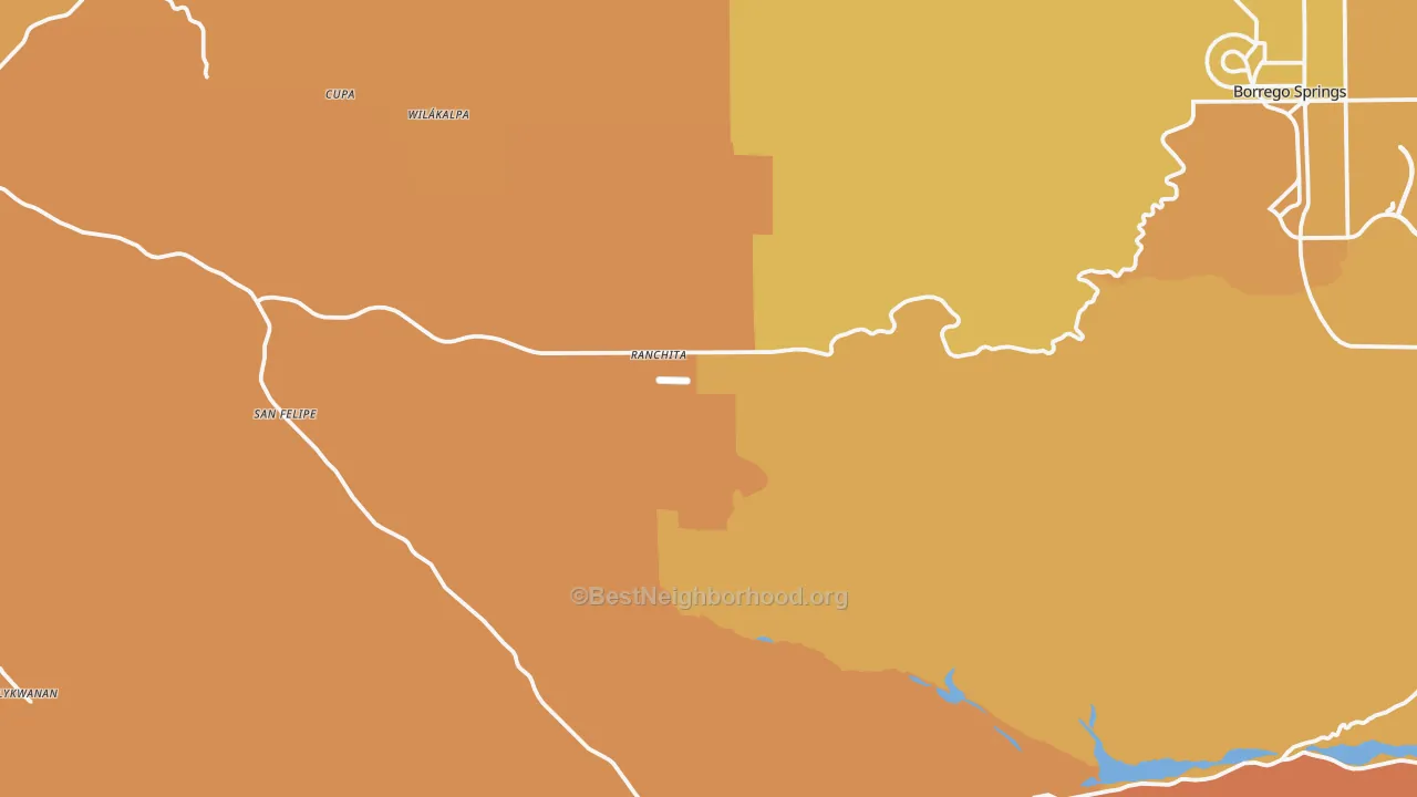 Map of the best neighborhoods in the Ranchita area, with better matches in green and worse matches in red