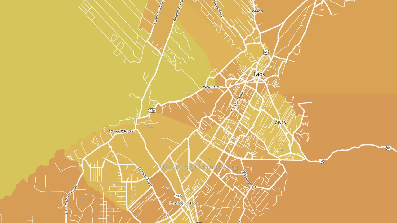 Map of the best neighborhoods in the Ranchito area, with better matches in green and worse matches in red