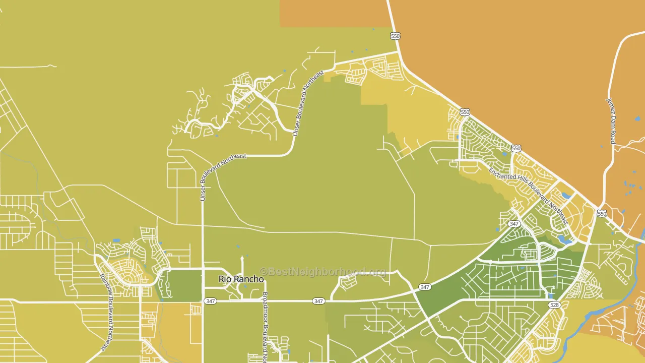 Map of the best neighborhoods in the Ranchitos area, with better matches in green and worse matches in red