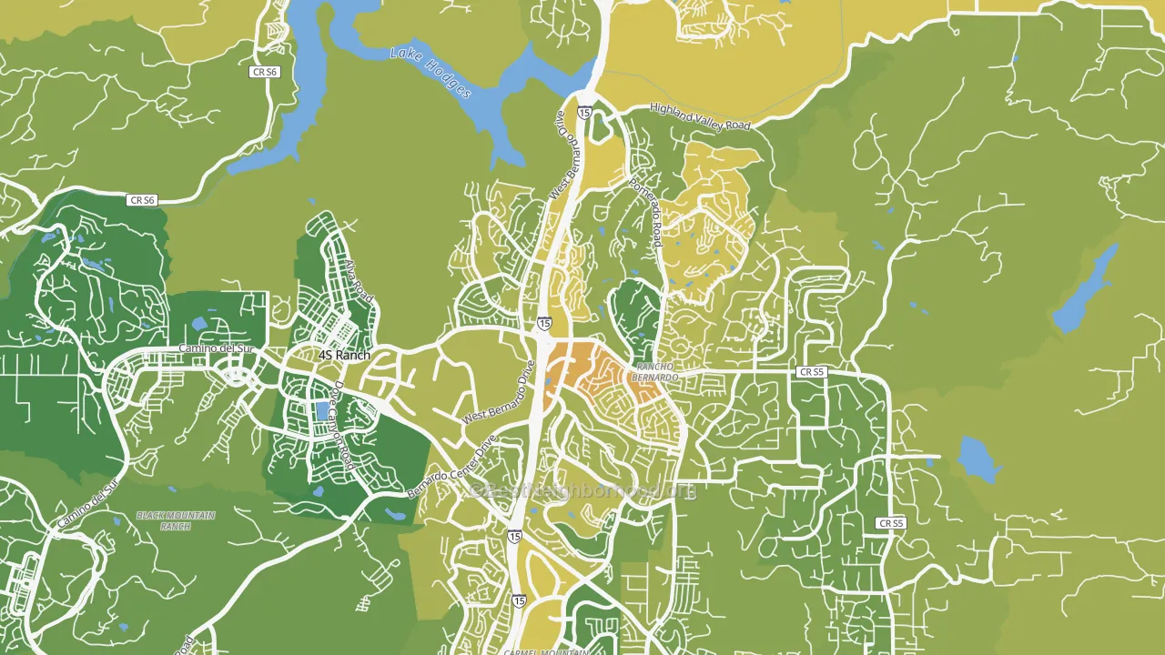 Map of the best neighborhoods in the Rancho Bernadino, San Diego area, with better matches in green and worse matches in red