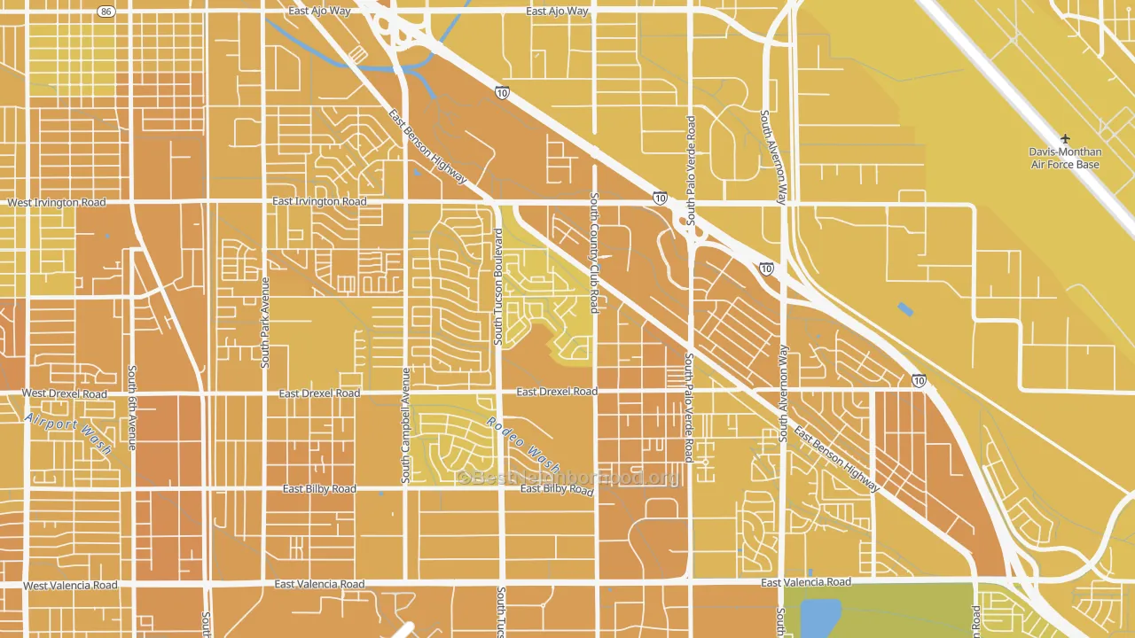 Map of the best neighborhoods in the Rancho Buena, Tucson area, with better matches in green and worse matches in red