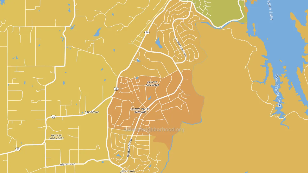Map of the best neighborhoods in the Rancho Calaveras area, with better matches in green and worse matches in red