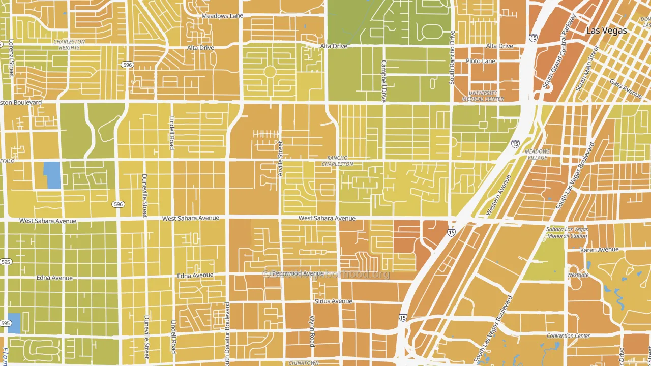 Map of the best neighborhoods in the Rancho Charleston, Las Vegas area, with better matches in green and worse matches in red