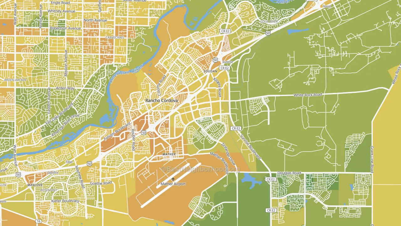 Map of the best neighborhoods in the Rancho Cordova area, with better matches in green and worse matches in red