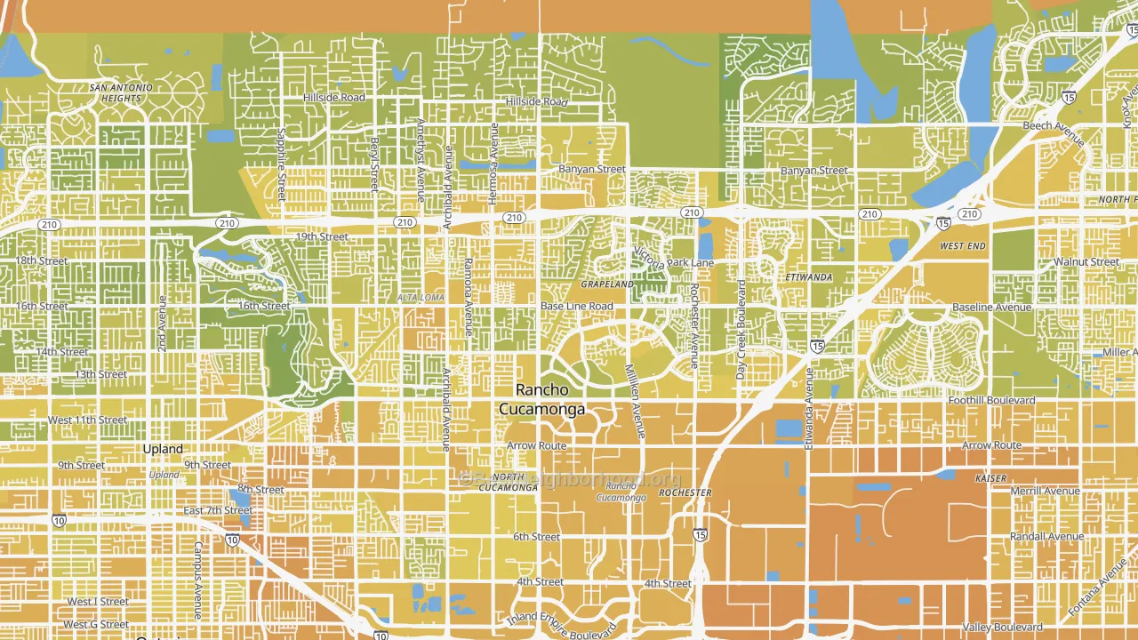 Map of the best neighborhoods in the Rancho Cucamonga area, with better matches in green and worse matches in red