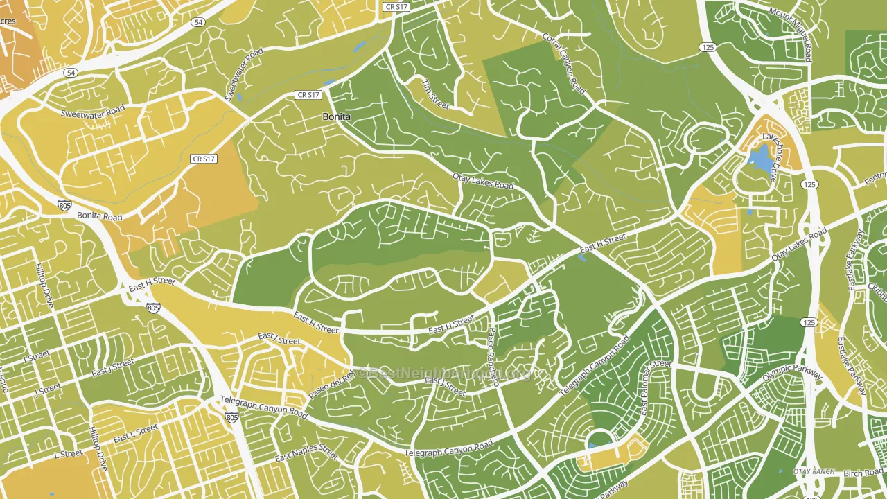 Map of the best neighborhoods in the Rancho del Rey, Chula Vista area, with better matches in green and worse matches in red