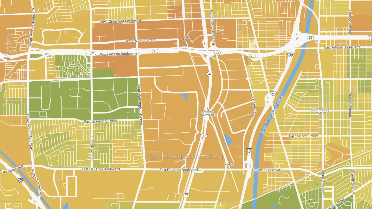 Map of the best neighborhoods in the Rancho Dominguez, Compton area, with better matches in green and worse matches in red