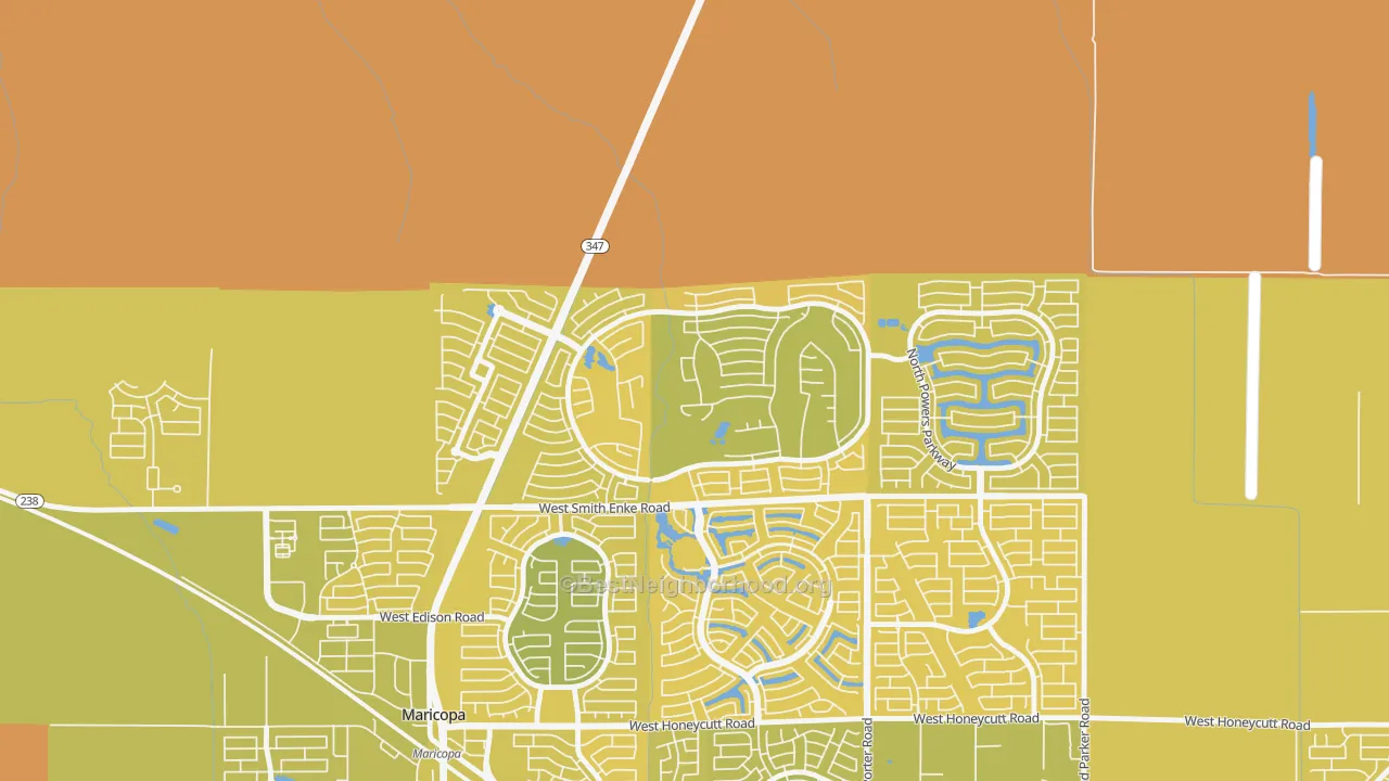 Map of the best neighborhoods in the Rancho El Dorado, Silver Bell area, with better matches in green and worse matches in red
