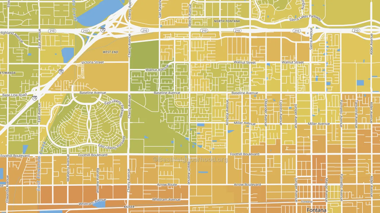 Map of the best neighborhoods in the Rancho Fontana, Fontana area, with better matches in green and worse matches in red