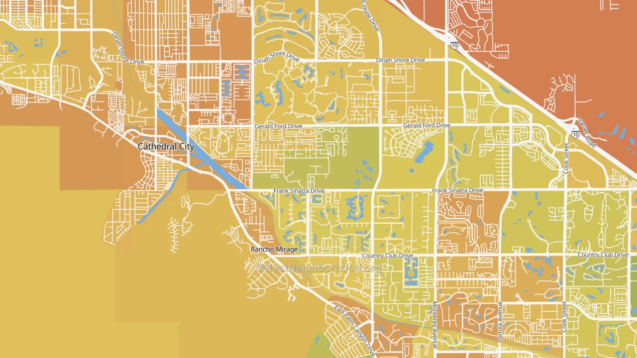 Map of the best neighborhoods in the Rancho Mirage area, with better matches in green and worse matches in red