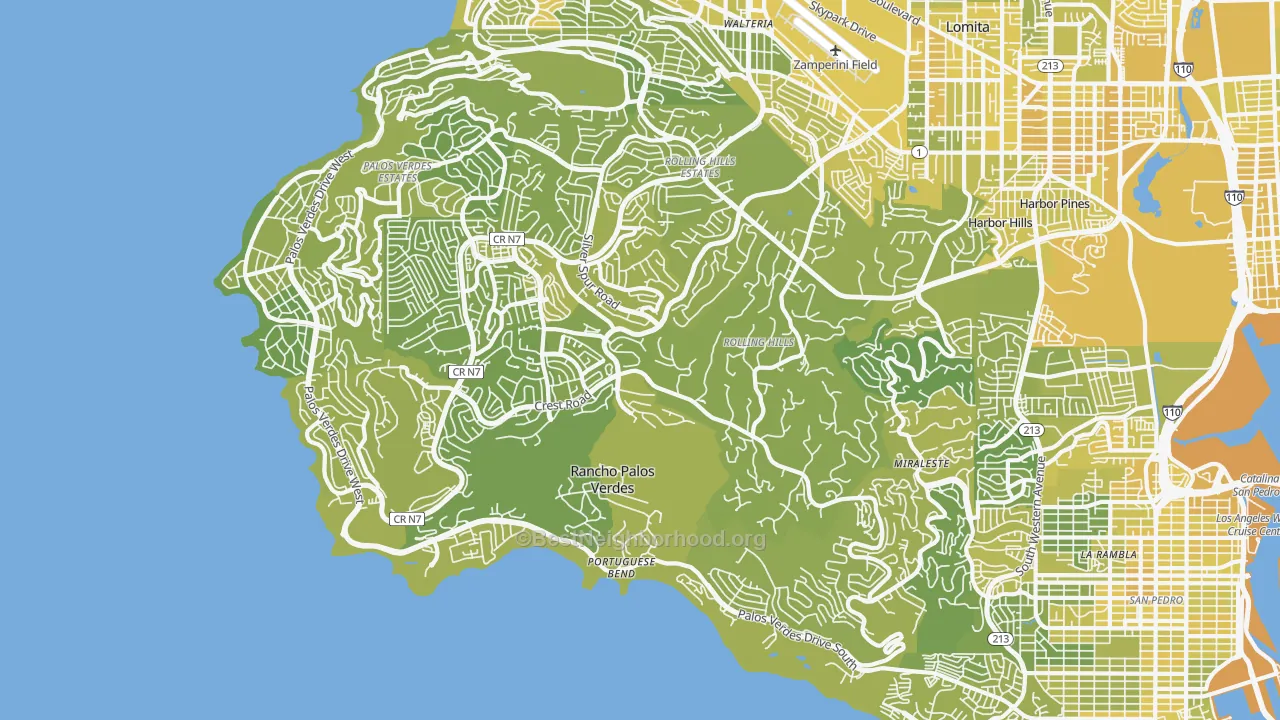Map of the best neighborhoods in the Rancho Palos Verdes area, with better matches in green and worse matches in red