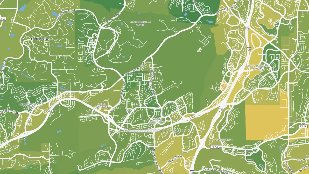 Map of the best neighborhoods in the Rancho Penasquitos, San Diego area, with better matches in green and worse matches in red
