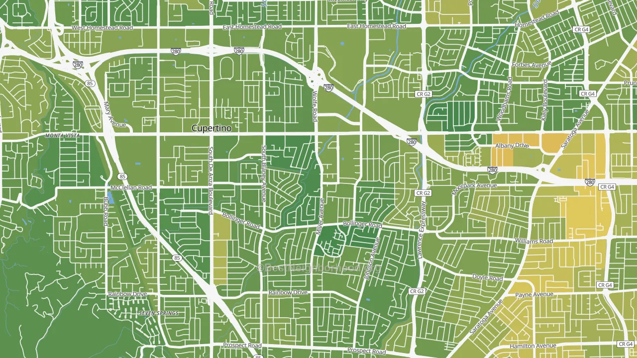 Map of the best neighborhoods in the Rancho Rinconada, Cupertino area, with better matches in green and worse matches in red