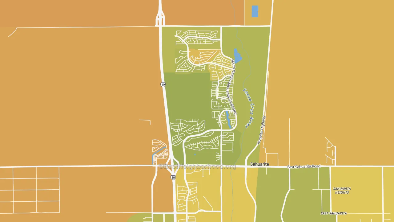 Map of the best neighborhoods in the Rancho Sahuarita, Sahuarita area, with better matches in green and worse matches in red