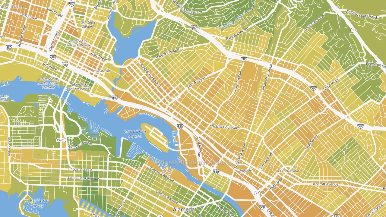Map of the best neighborhoods in the Rancho San Antonio, Oakland area, with better matches in green and worse matches in red