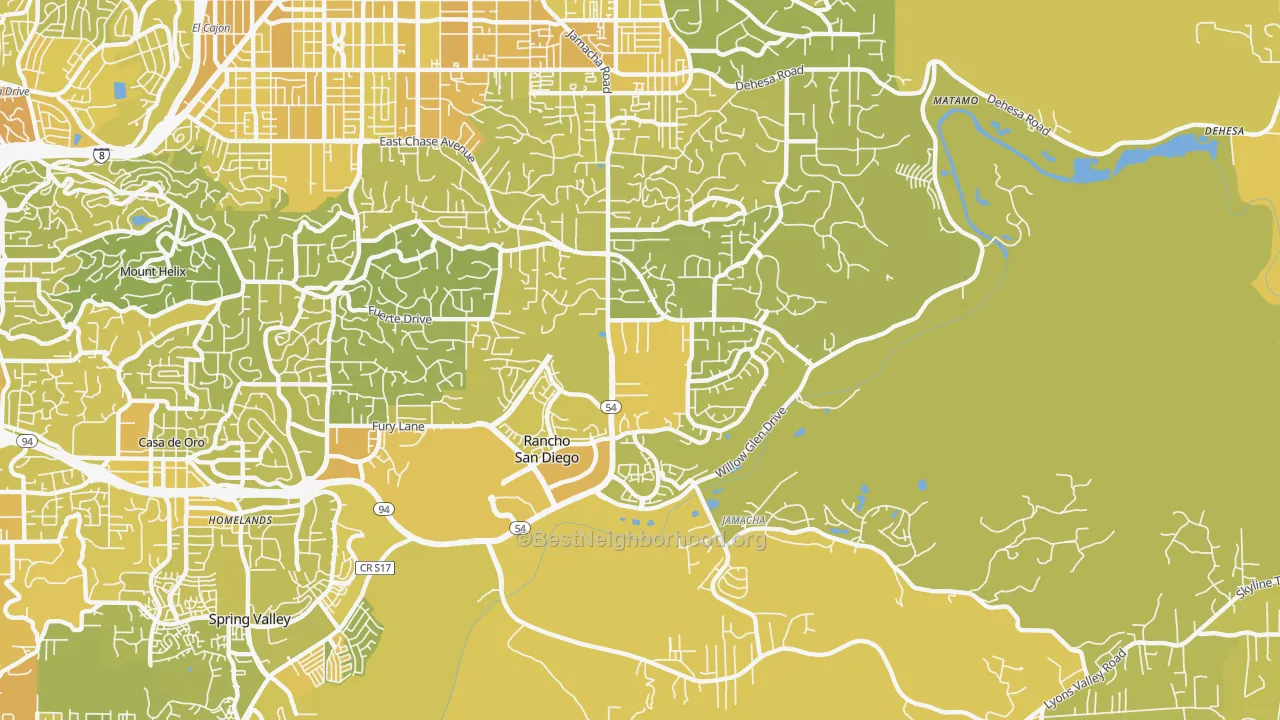 Map of the best neighborhoods in the Rancho San Diego area, with better matches in green and worse matches in red