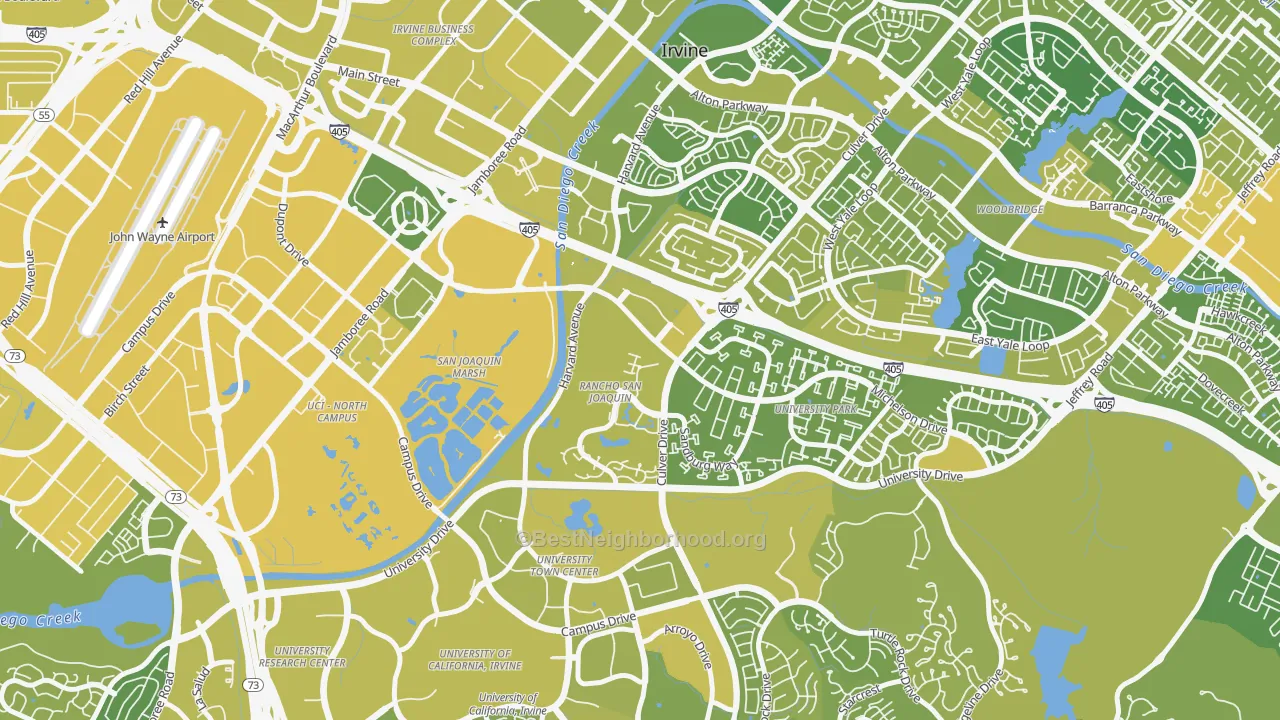 Map of the best neighborhoods in the Rancho San Joaquin, Irvine area, with better matches in green and worse matches in red