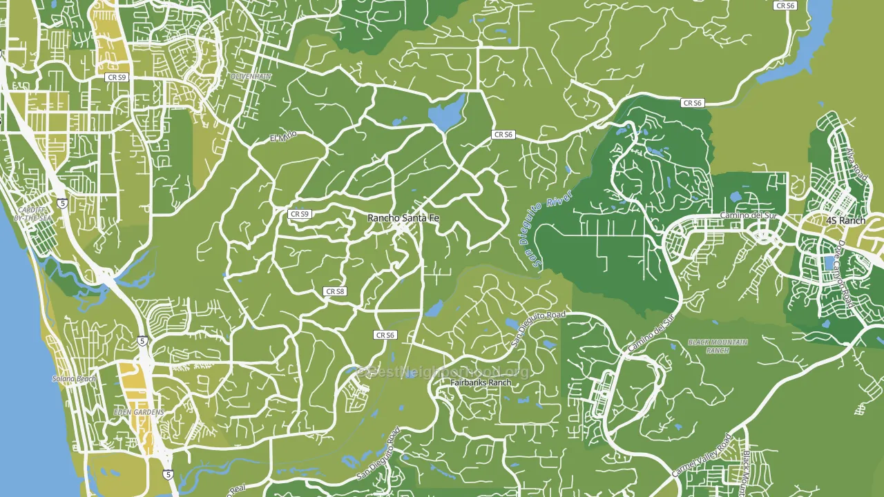 Map of the best neighborhoods in the Rancho Santa Fe area, with better matches in green and worse matches in red